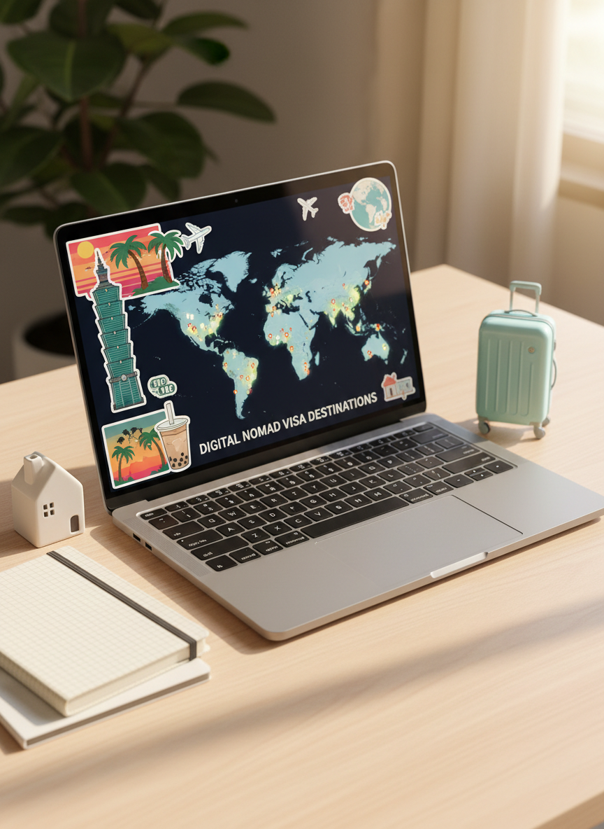 A slim, silver laptop with colorful travel stickers of Taiwan, palm trees, and airplane icons scattered across its lid rests open on a pale wooden desk. The screen shows a bright map with highlighted digital nomad visa destinations. Around it lie a neatly stacked Japanese-style notebook, a tiny ceramic house figurine, and a small toy suitcase in pastel blue. Late-morning sunlight pours through an unseen window, casting soft, rounded shadows and creating gentle reflections on the laptop’s metallic surface. The composition is photographed at a slightly elevated angle with shallow depth of field, making the laptop the playful focal point. The mood is energetic yet cozy, with bright colors and a whimsical, photographic realism that hints at planning a nomadic future.